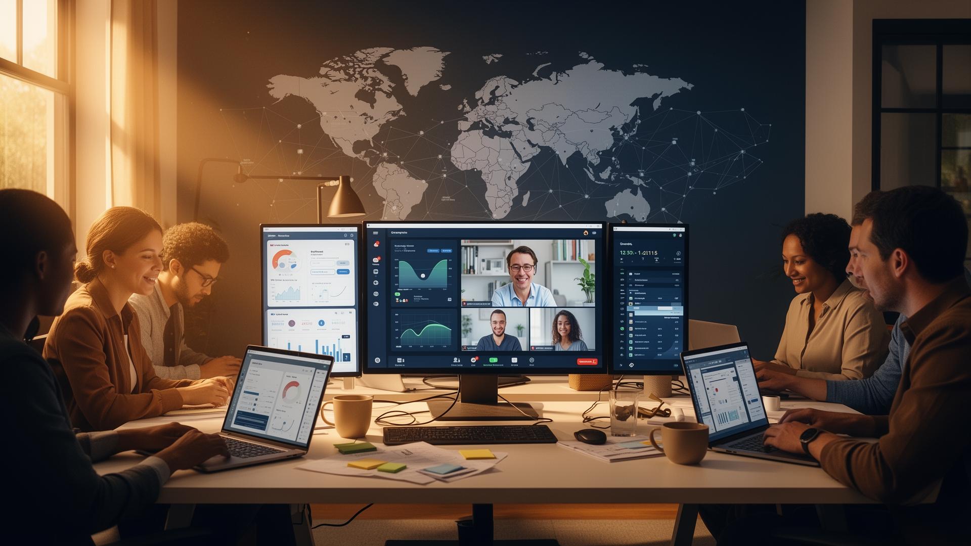 Remote work team collaborating with modern productivity tools